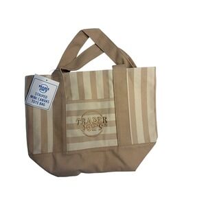 Trader Joes Striped Mini Canvas Tote Bag Beige NWT